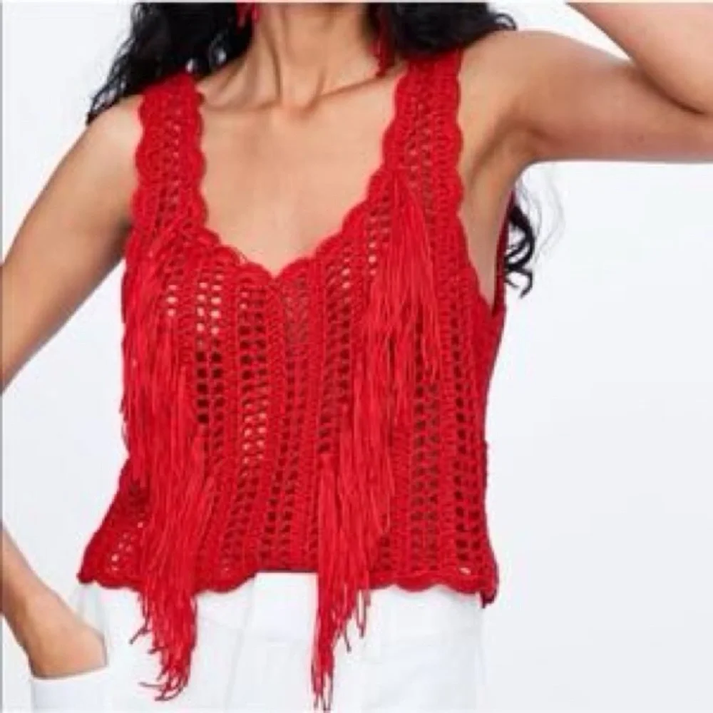 Zara Red Crochet Fringe Knit Sleeveless Crop Top M Weatern Festival Boho NEW - Picture 1 of 12